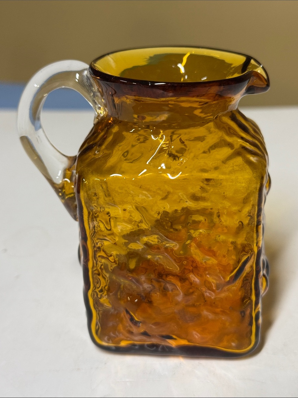 Pilgrim Amber Glass Mini Pitcher Rock Crystal with Clear Handle 4” tall